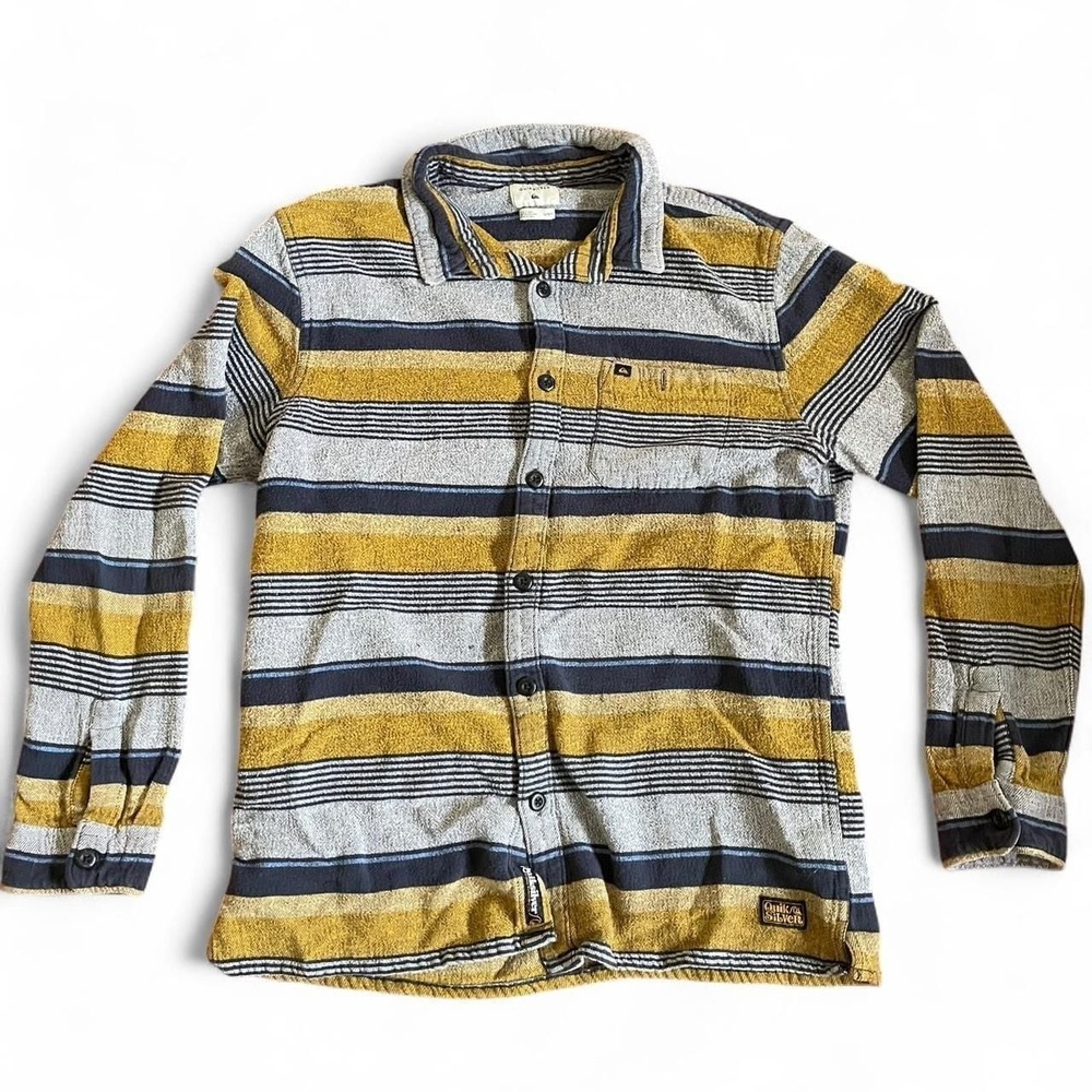Quiksilver Yellow and Navy Striped Flannel Shirt, Men's Size Large - Vintage Y2K